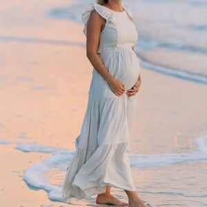 Tiered Ruffle Cutout Back Elegant Tan Cream Maxi Dress Large